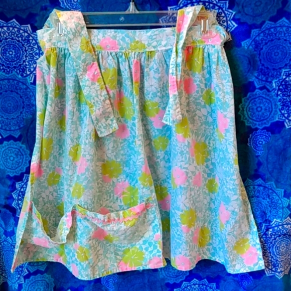 Vintage handmade half apron pink, blue, white and green